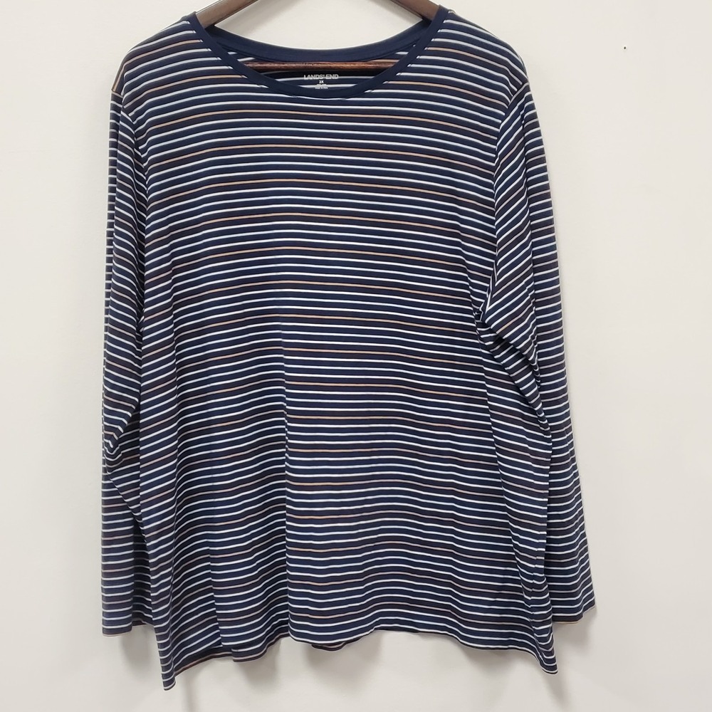 Lands End Womens Long Sleeve Striped Shirt Size 2X 100% Cotton Blue Striped